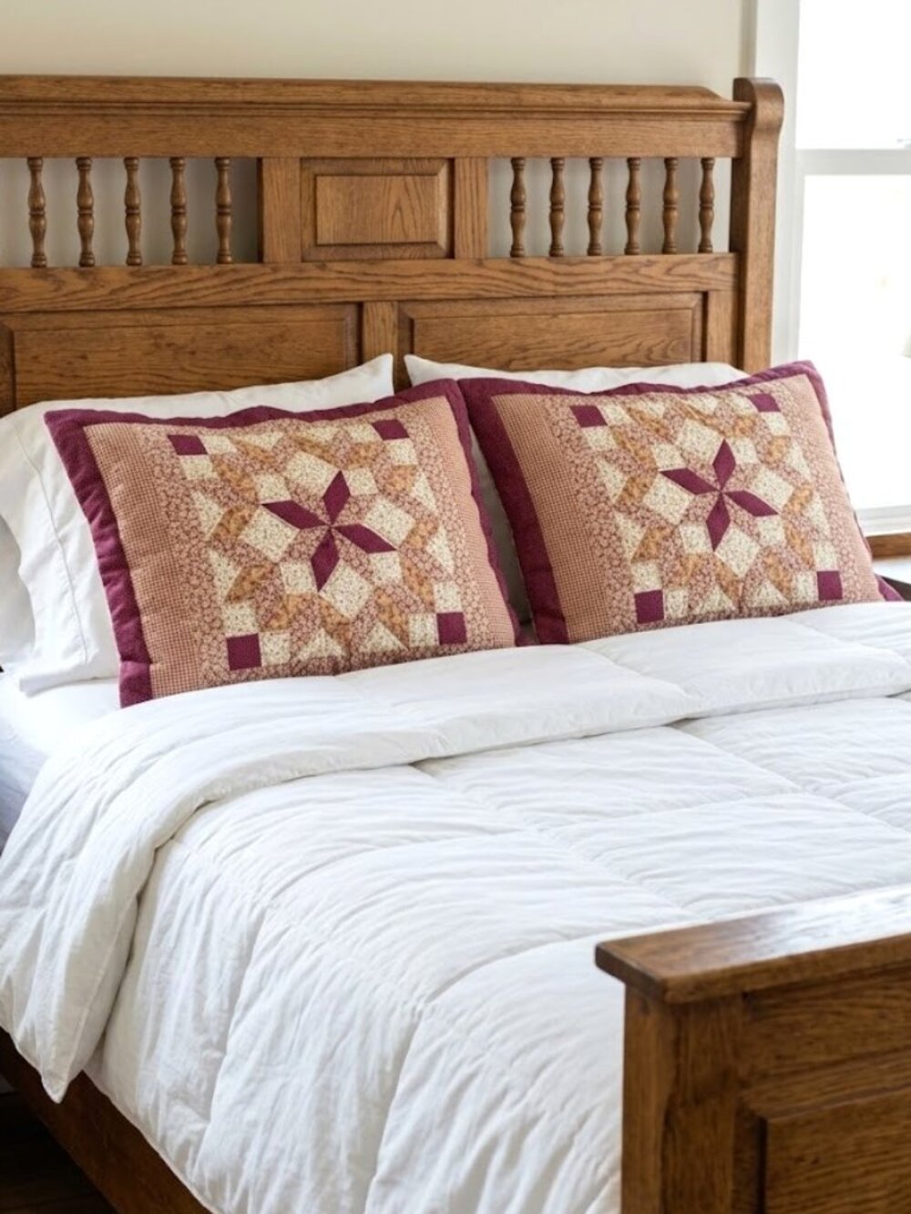 Pair of Vintage Standard Pillow Shams Patchwork Quilted Double Star Neutral